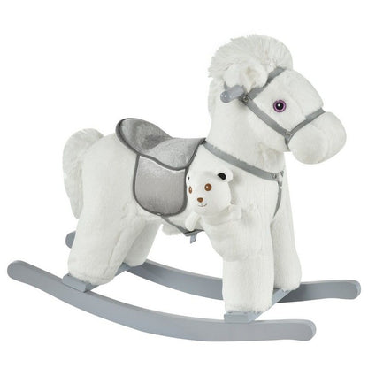 Homcom Kids Plush Ride-On Rocking Horse Toy Rocker With Plush Toy Realistic Sounds For Child 18-36 Months White