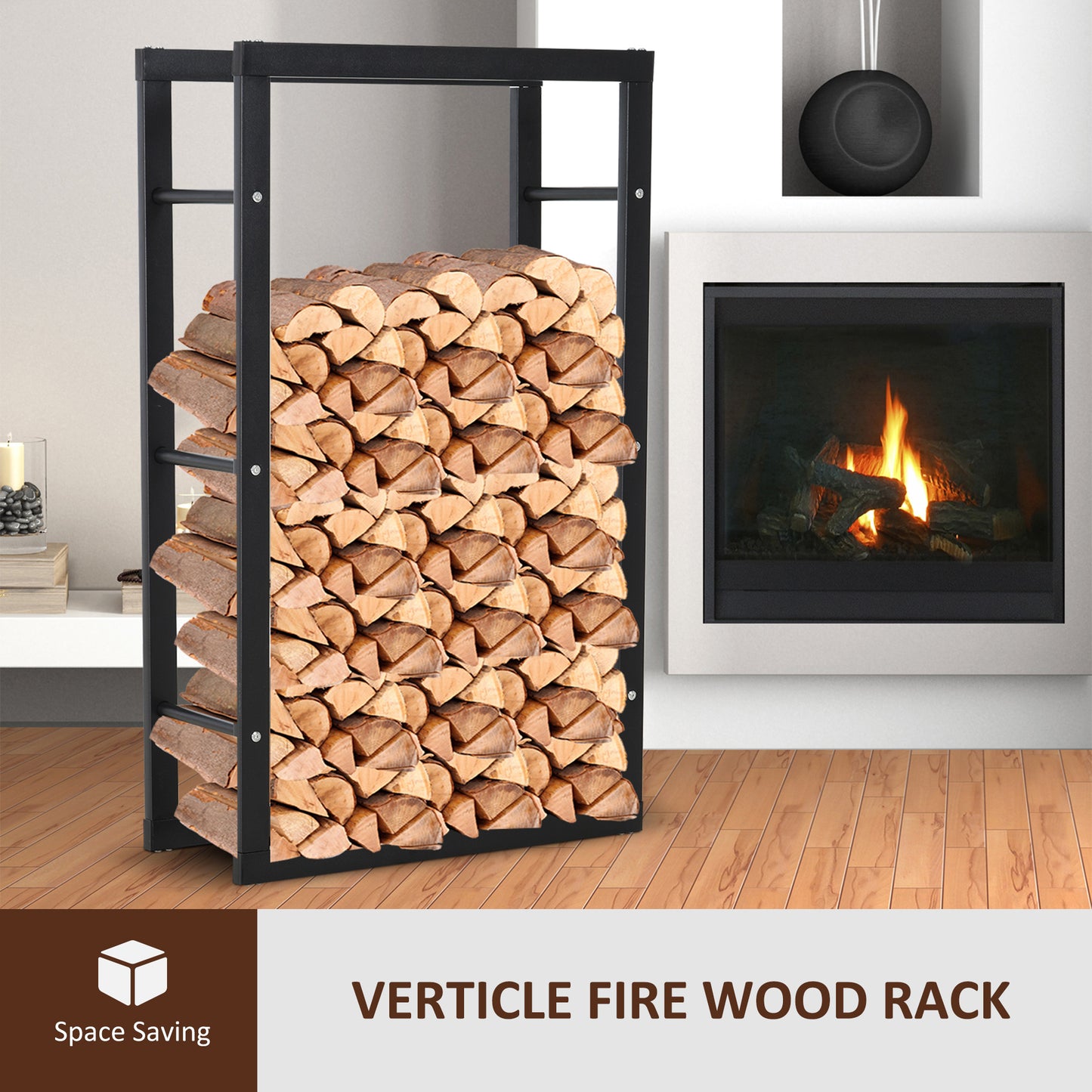 Homcom Metal Firewood Log Holder Tall Firewood Rack Indoor Outdoor Fireplace Wood Storage Shelf with Side Rails