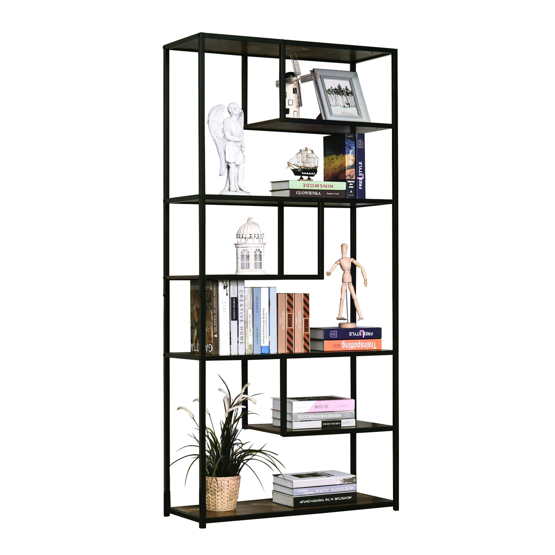 Homcom Wood Shelf Bookcase Industrial Style Stand 6-Staggered Shelf Living Room Display Rack Organiser