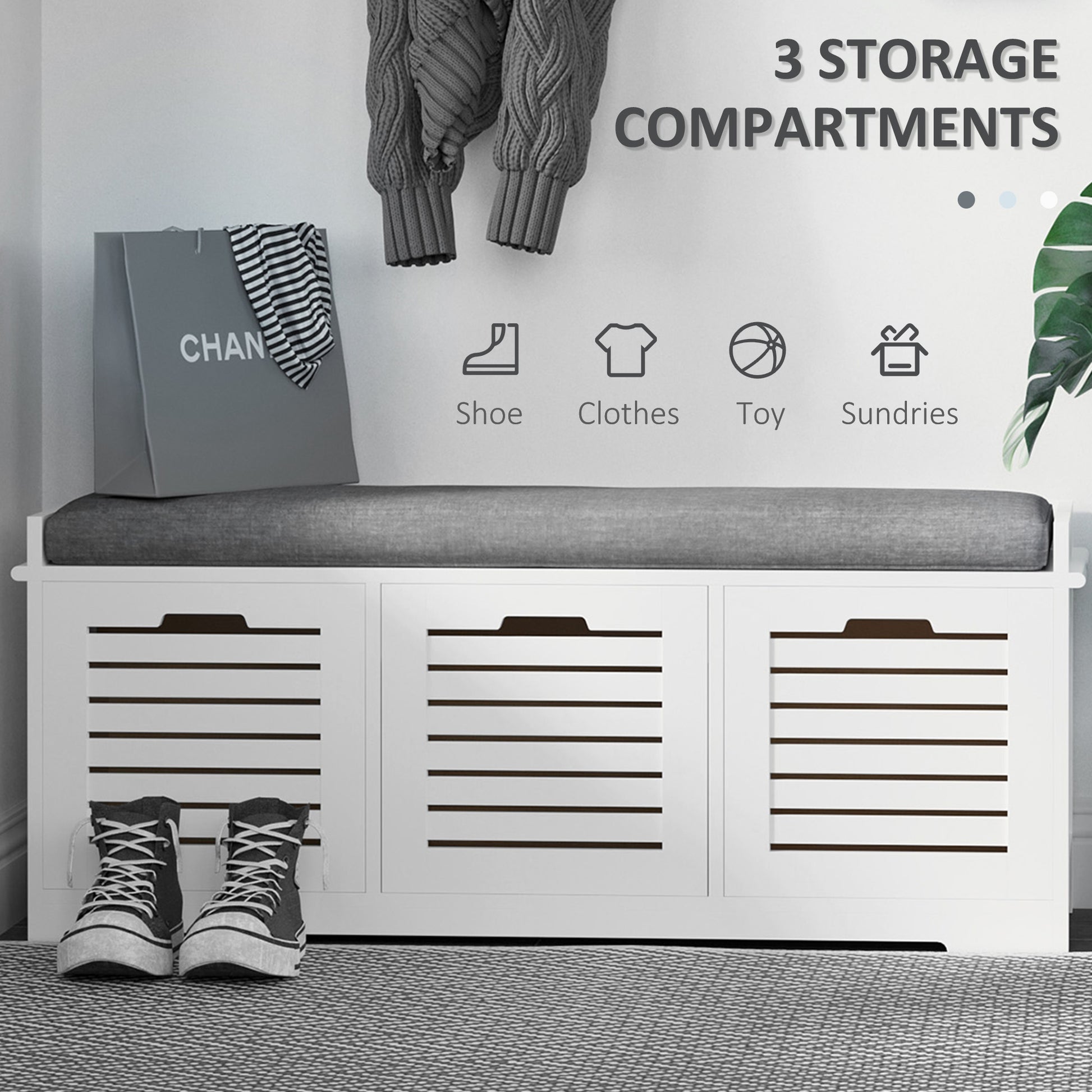 Homcom Shoe Storage Bench with 3 Drawers & Removable Grey Seat Cushion Hallway Organisation furniture