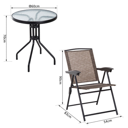 Outsunny 3 Piece Patio Furniture Bistro Set 2 Folding Chairs 1 Tempered Glass Table Adjustable Backrest - Brown