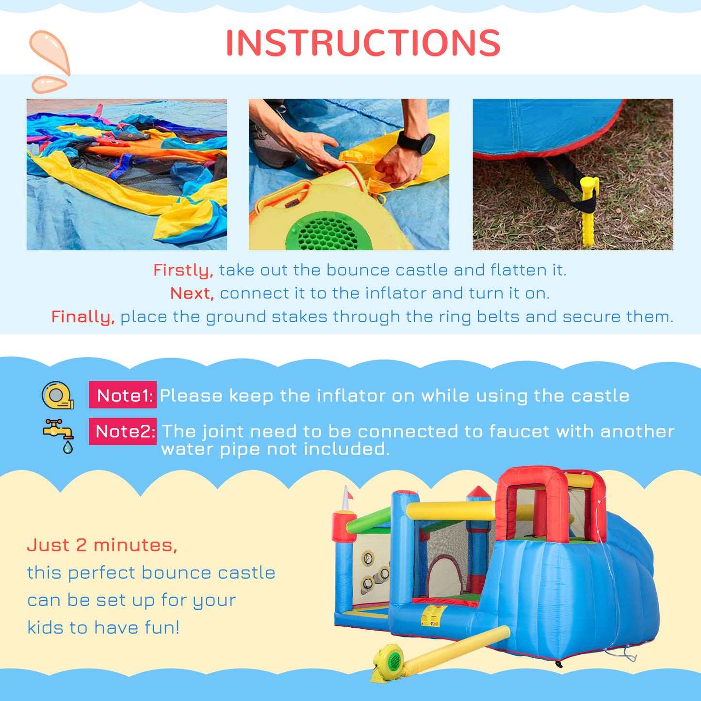 Outsunny 5 in 1 Kids Bounce Castle Large Castle Style Inflatable House Slide Trampoline Pool Water Gun Climbing Wall with Inflator Carrybag Patches for Kids Age 3-8