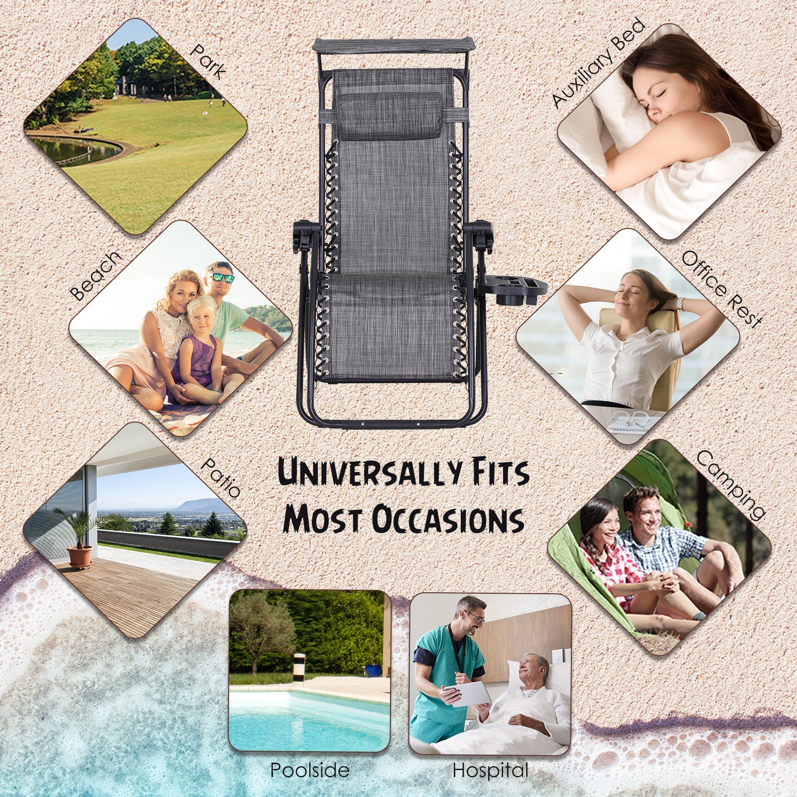 Outsunny Zero Gravity Garden Deck Folding Chair Texteline Patio Sun Adjustable Lounger Reclining Seat with Cup Holder & Canopy Shade - Grey