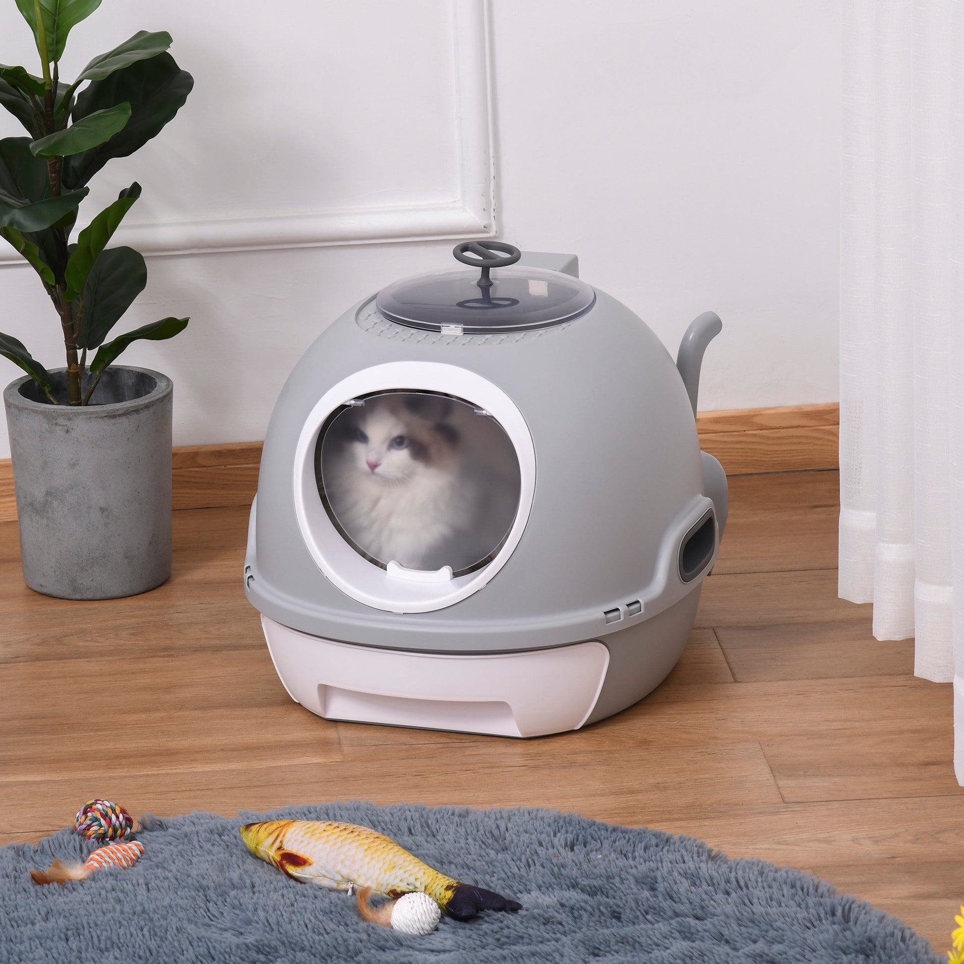 PawHut Futuristic Capsule-Shaped Cat Litter Box w/ 2 Doors Litter Scoop Drawer