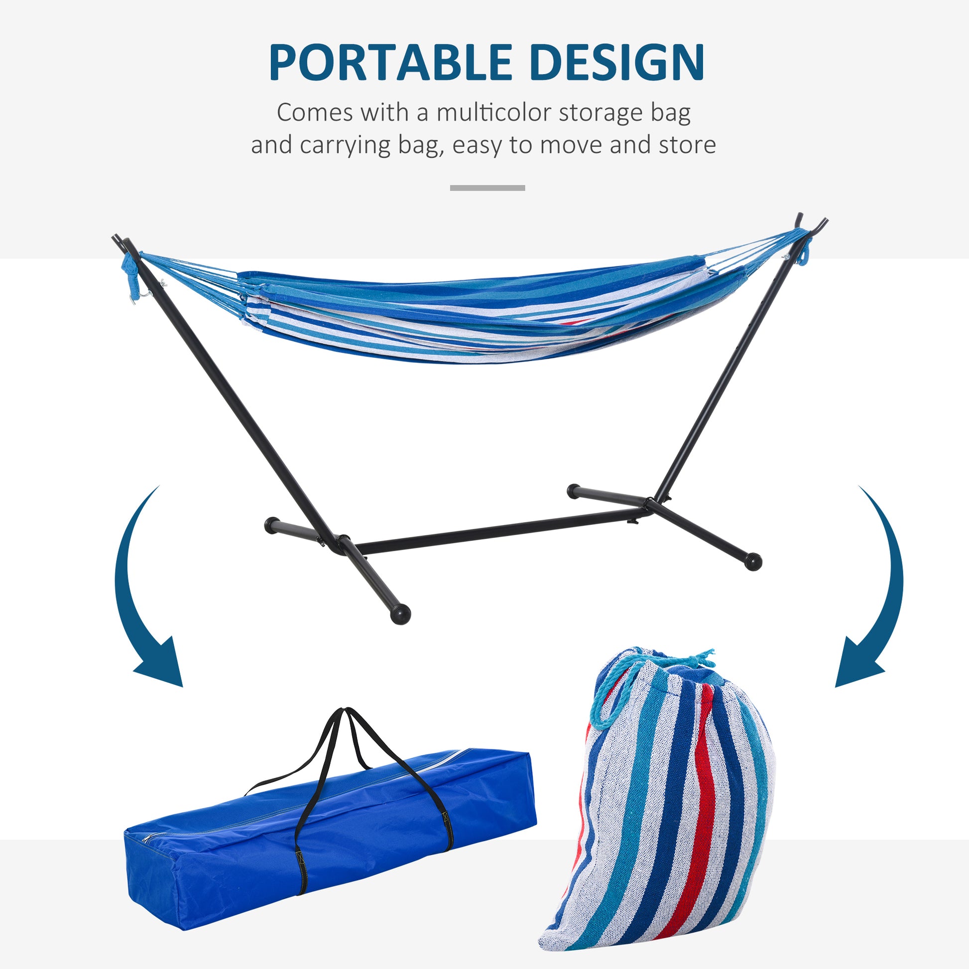 Outsunny 277 x 121cm Hammock with Metal Stand Portable Carrying Bag 120kg White Stripe