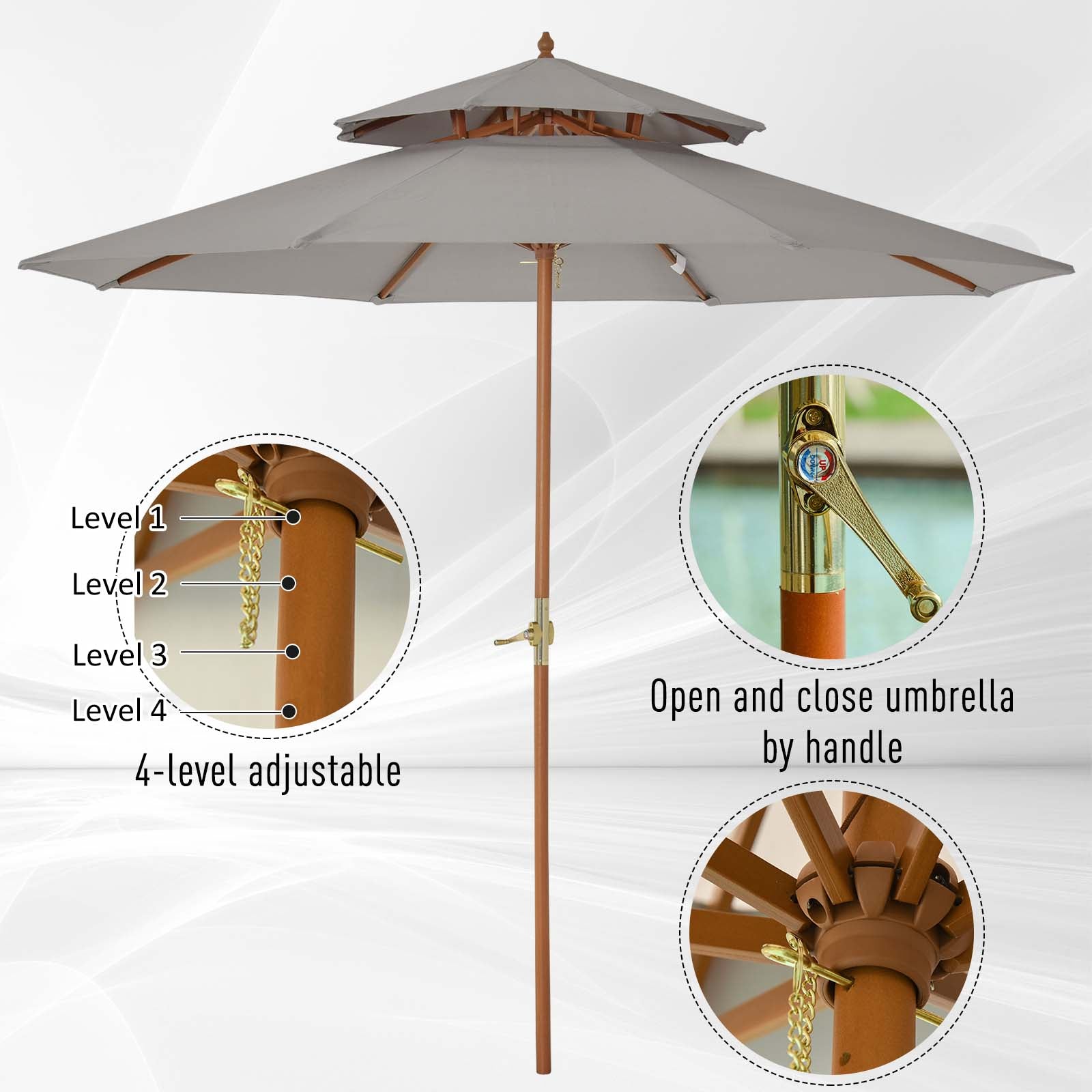 Outsunny 2.7 M Garden Parasol Umbrella Double Tier Garden Umbrellas Outdoor Sun Umbrella Sunshade Bamboo Parasol Grey