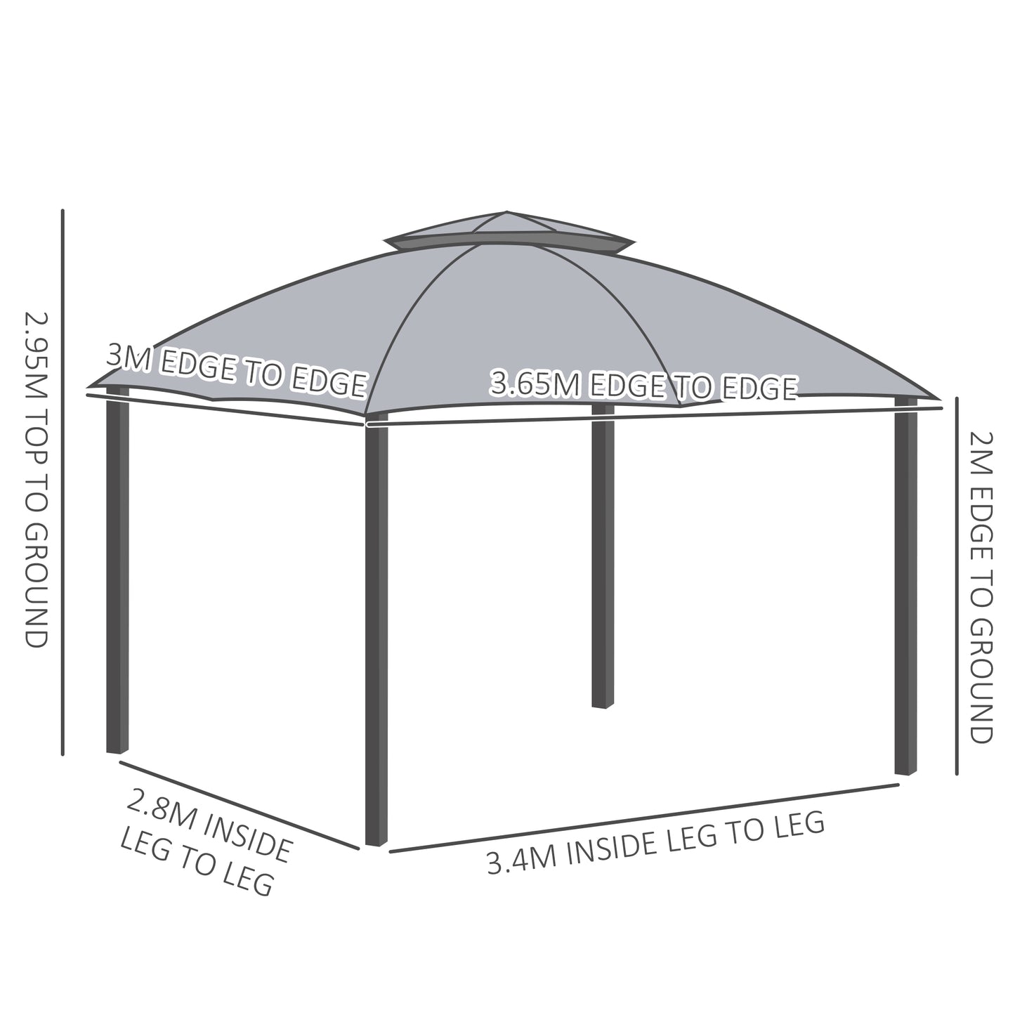 Outsunny 3.7 x 3(m) Metal Gazebo Canopy Party Tent Garden Patio Shelter with Netting Sidewalls & Double Tiered Roof