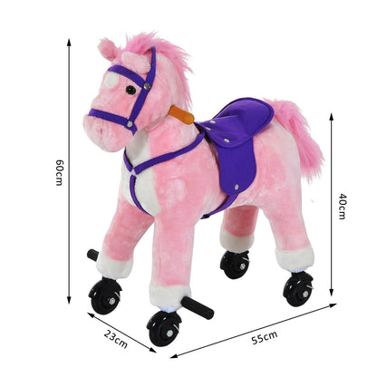 Homcom Wooden Action Pony Wheeled Walking Horse Riding Little Baby Plush Toy Wooden Style Ride on Animal Kids Gift w/Sound (Pink)