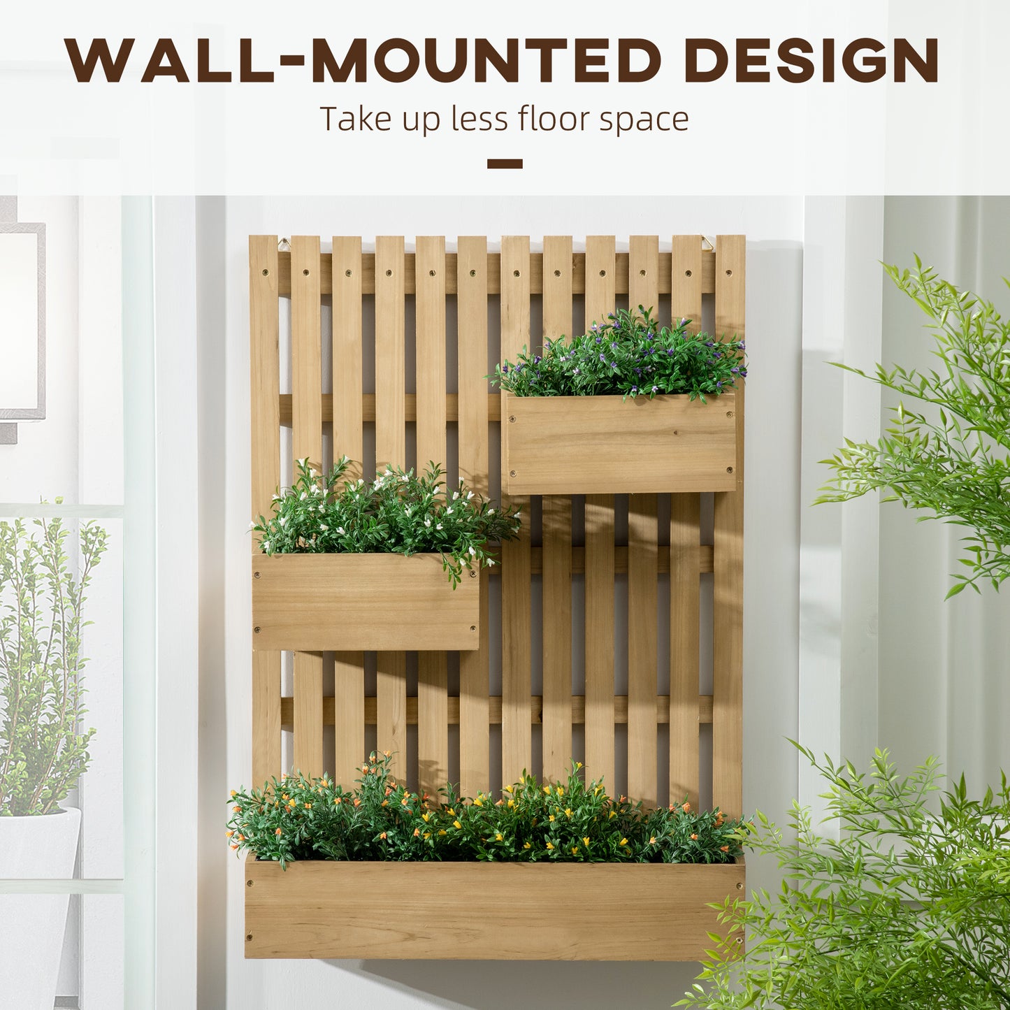 Outsunny Wall-mounted Wooden Garden Planters with Trellis