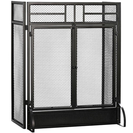 Homcom 3-Panel Metal Mesh Folding Fireplace Screen With Door Freestanding Spark Guard