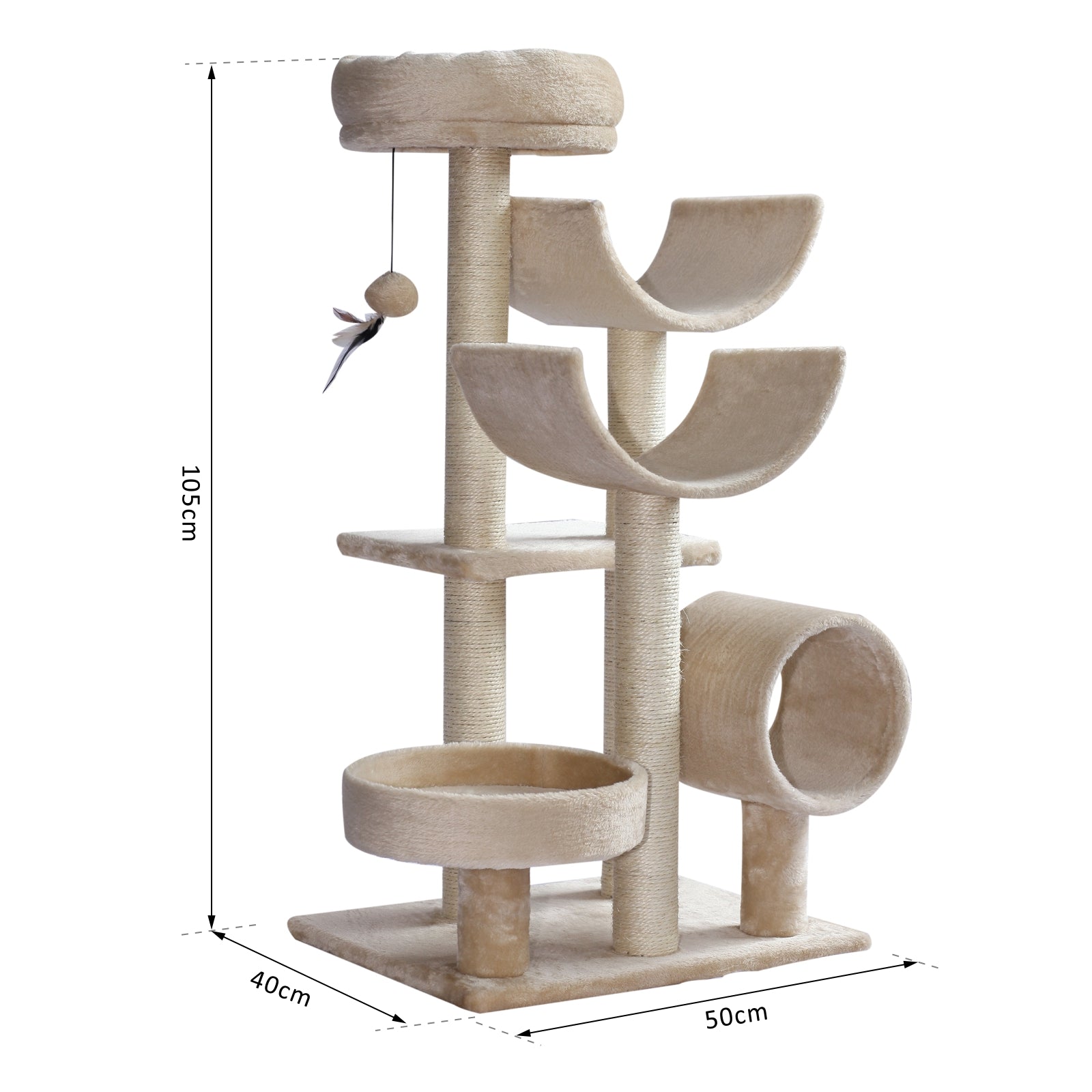 PawHut 50Lx40Wx105H cm Cats 6-Tier Scratch Tree w/ Dangle Toy Beige