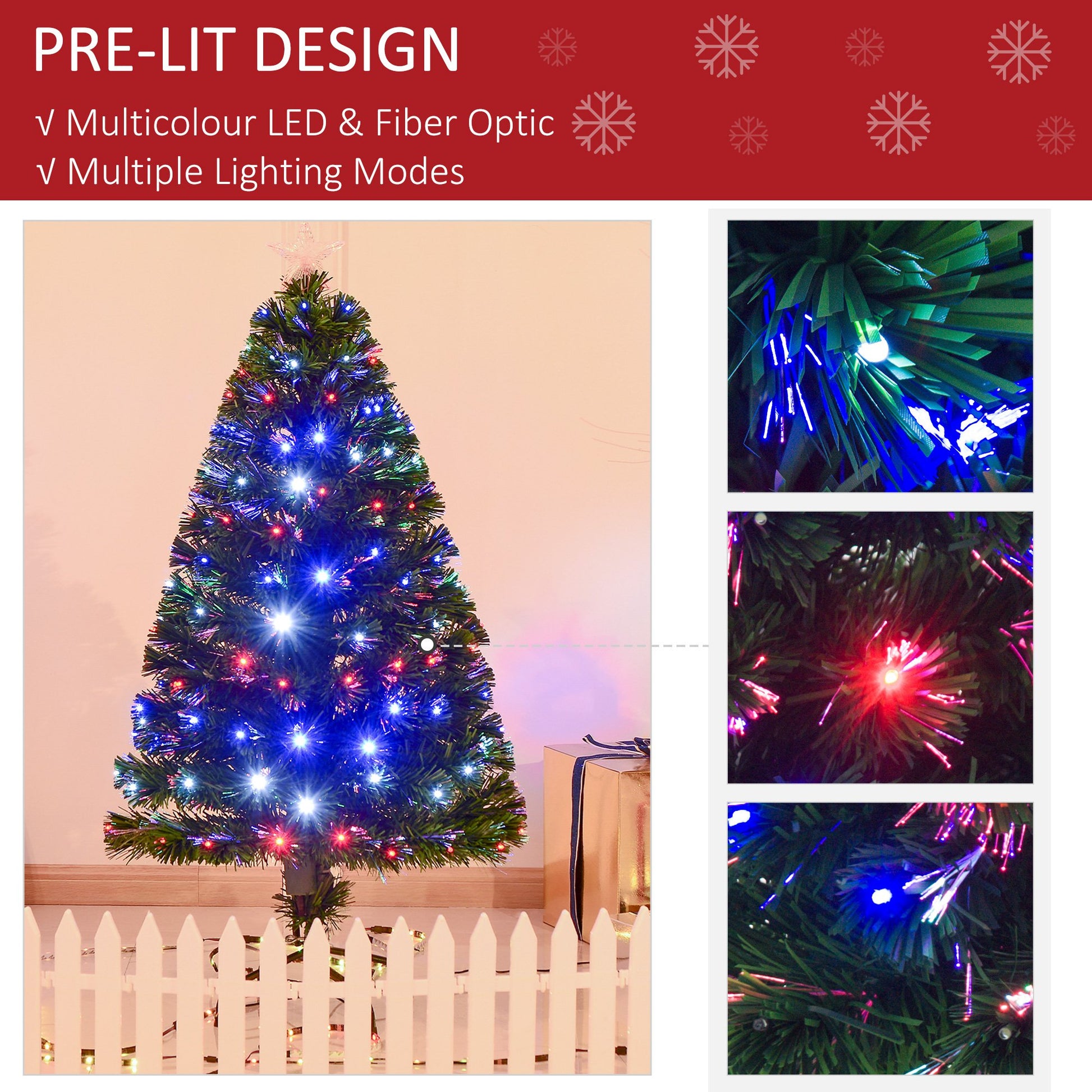 Homcom 4FT Prelit Artificial Christmas Tree with Multi-Coloured Fiber Optic LED Light