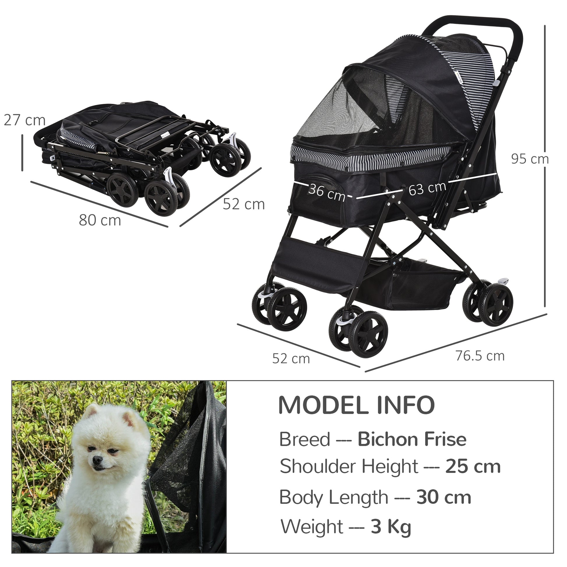 PawHut Pet Stroller Pushchair Foldable Travel Dog Cat Carriage w/ Reversible Handle Brake Basket