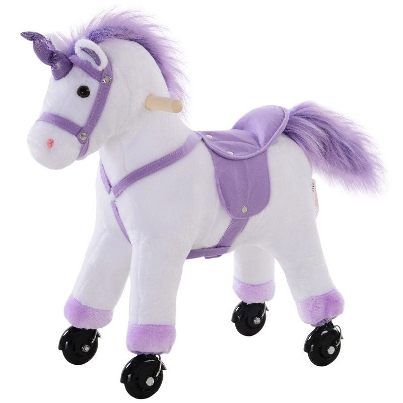 Homcom Four Wheel Sit-On Unicorn Horse Neigh Button Plush Safe Seat Handlebar Wood Frame