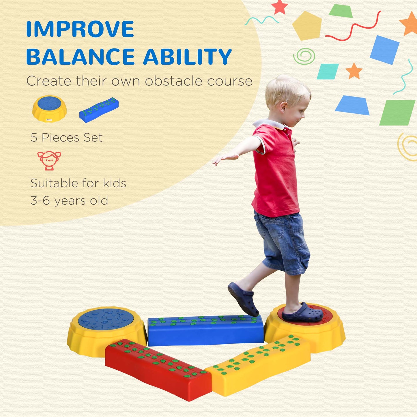 Outsunny Five-Piece Kids Stepping Stones and Balance Bridge w/ Non-Slip Surface & Bottom. for Toddlers - Multicoloured