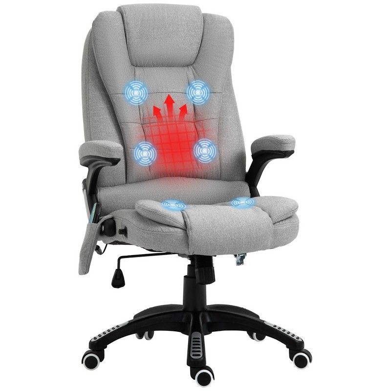 Vinsetto Massage Office Chair Recliner Ergonomic Gaming Heated Home Office Padded Linen-Feel Fabric & Swivel Base Light Grey