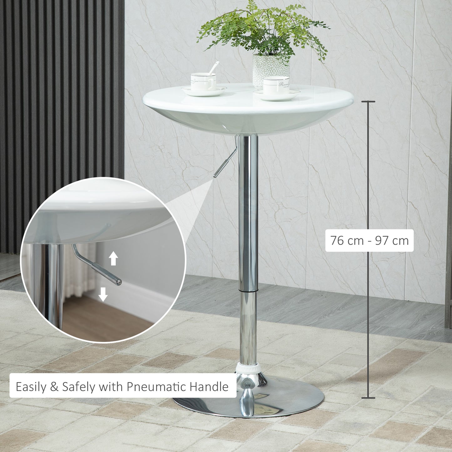 Homcom Modern Round Bar Table Adjustable Height Home Pub Bistro Desk Swivel Painted Top with Silver Steel Leg and Base