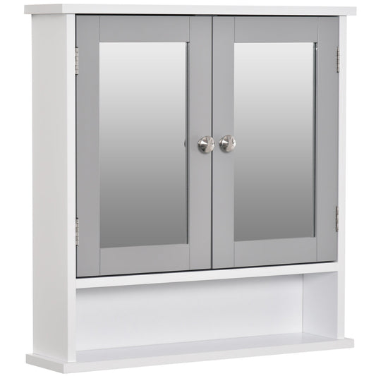 Bathroom Mirror Cabinet, Wall Mounted with Double Mirrored Doors, Organiser Wall Mounted, Cupboard and Shelf, Grey-0