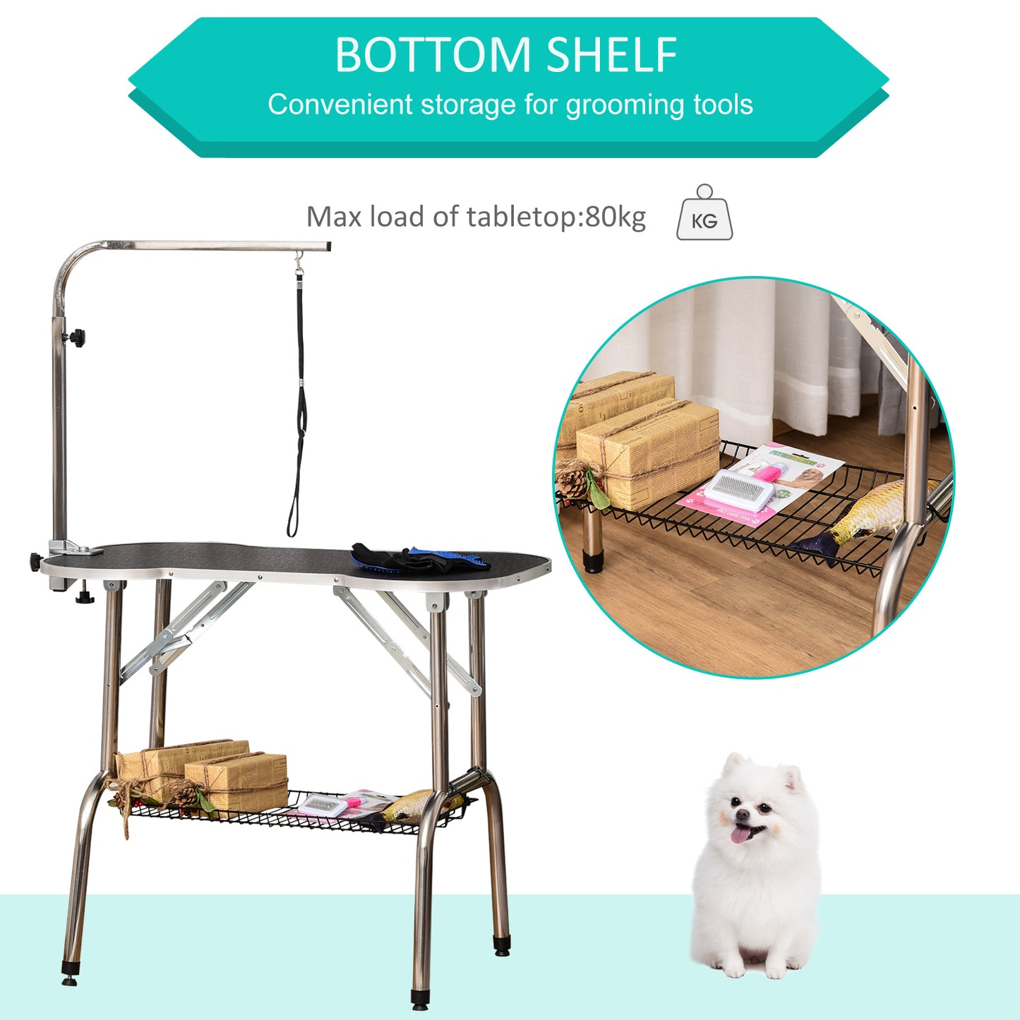 PawHut Pet Foldable Grooming Table w/ Adjustable Arm Non-Slip Tabletop Leash