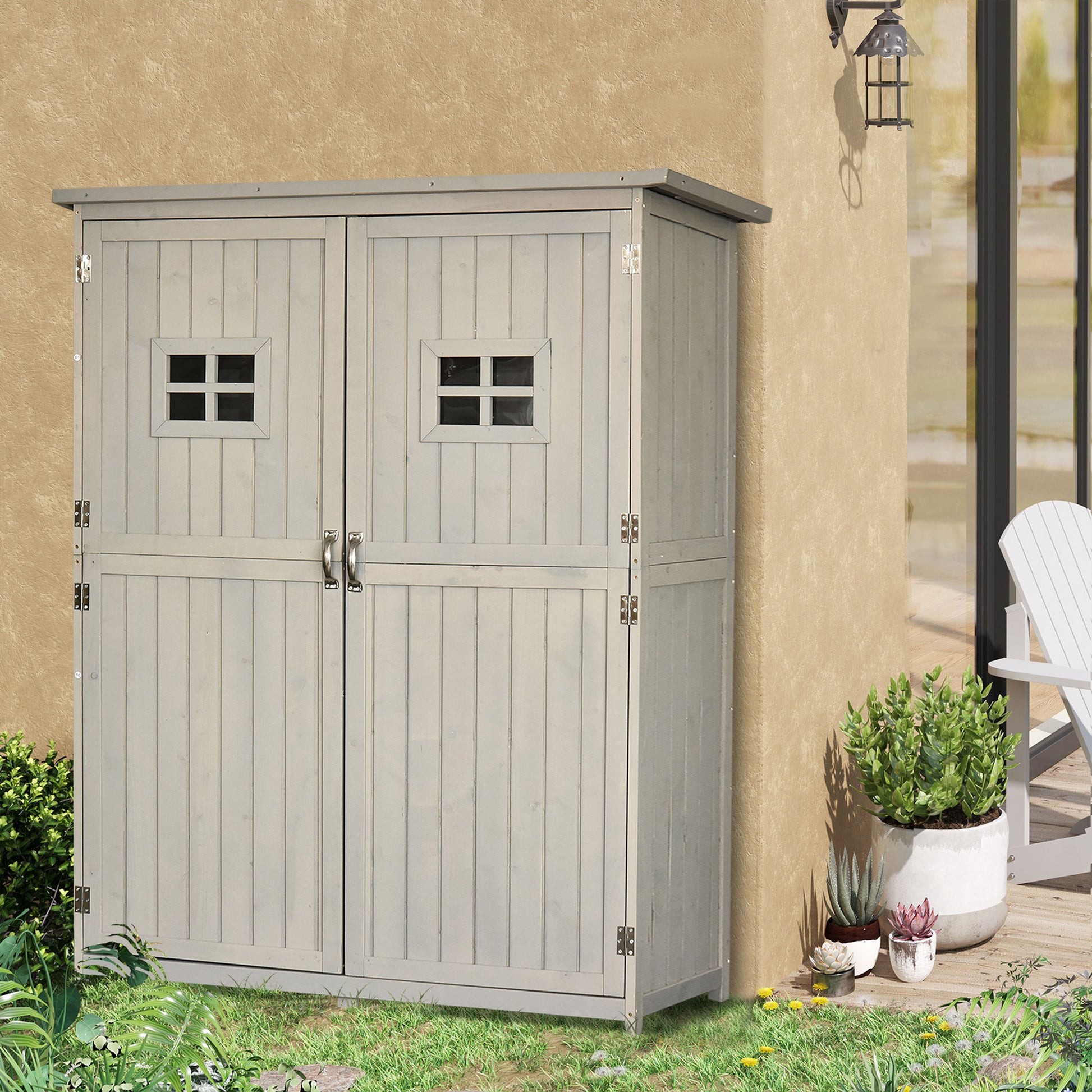 Barn 164cm Double Door Pent Garden Store Two Window Fir Wood Grey by Steadfast