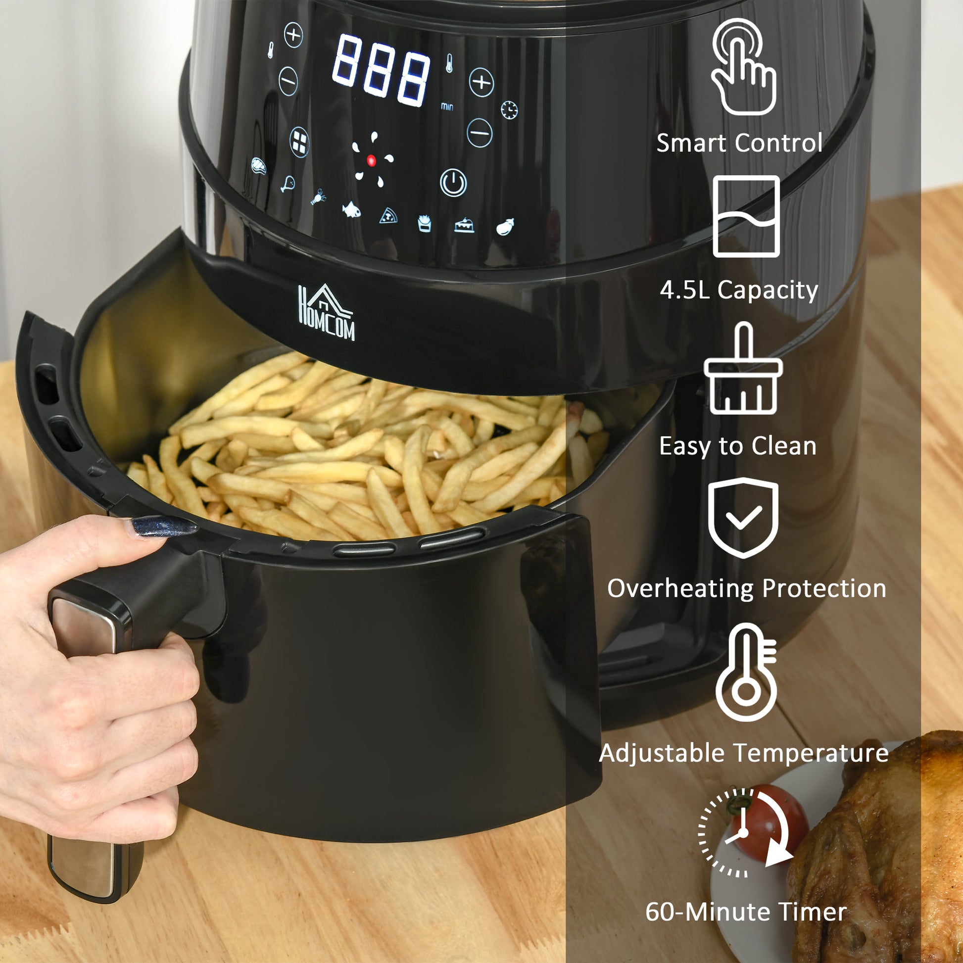 1500W 4.5L Air Fryer 8 Presets With Digital Display Black & Steel by Homcom