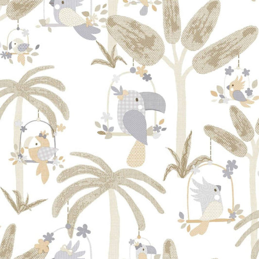 Noordwand Wallpaper Mondo baby Animals Birds Trees White and Beige