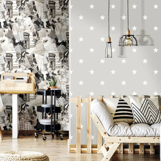 Noordwand Wallpaper Friends & Coffee Little Stars Dark Grey and White