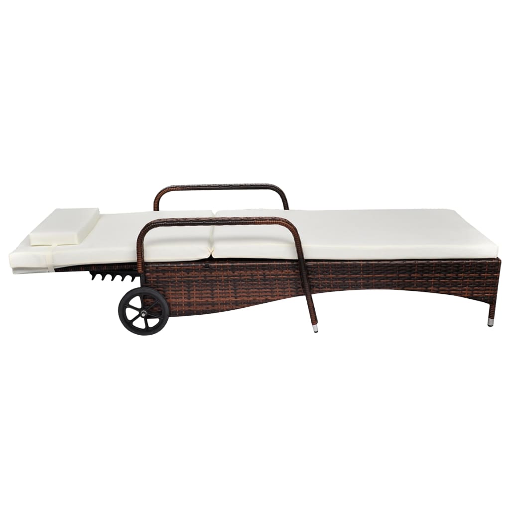 Sun Lounger with Wheels Poly Rattan Brown