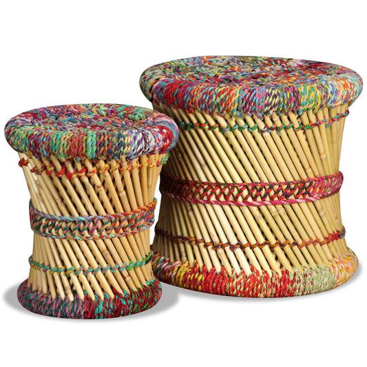 Stools with Chindi Details 2 pcs Multicolour Bamboo