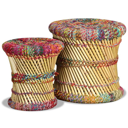 Stools with Chindi Details 2 pcs Multicolour Bamboo