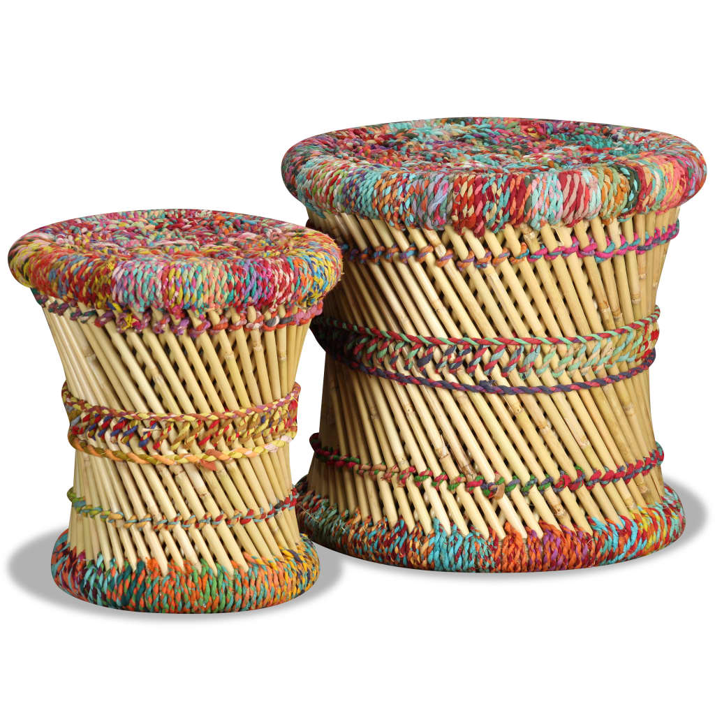 Stools with Chindi Details 2 pcs Multicolour Bamboo