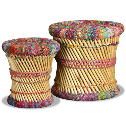 Stools with Chindi Details 2 pcs Multicolour Bamboo