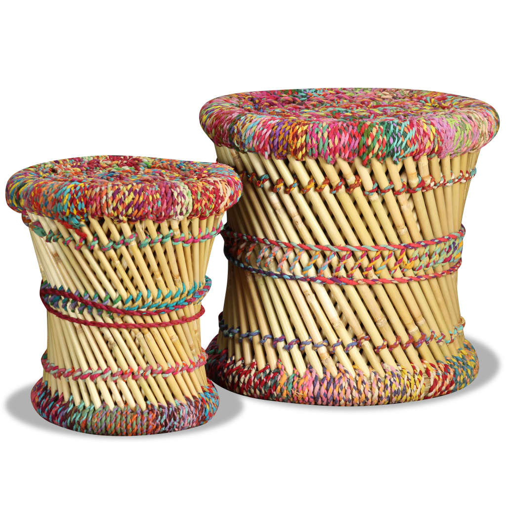 Stools with Chindi Details 2 pcs Multicolour Bamboo