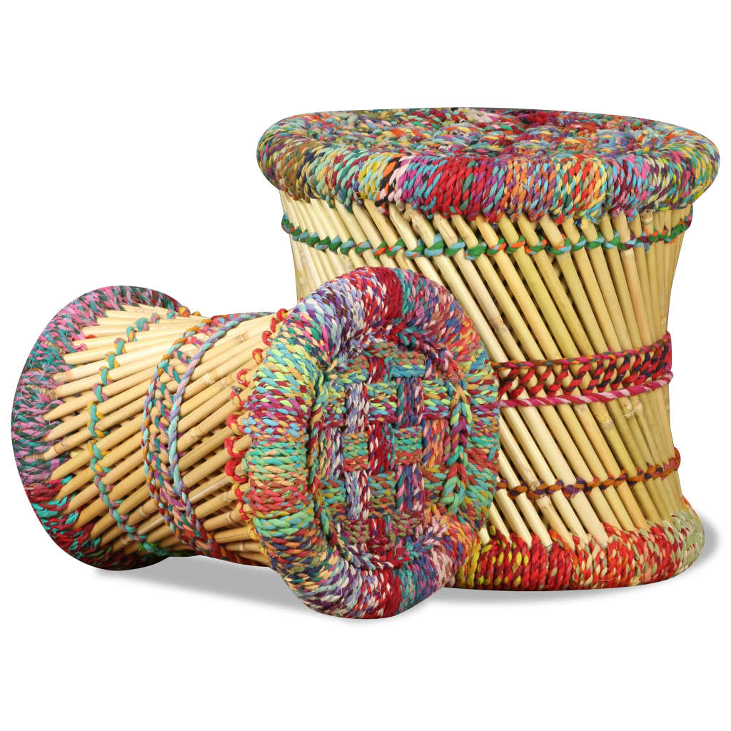 Stools with Chindi Details 2 pcs Multicolour Bamboo