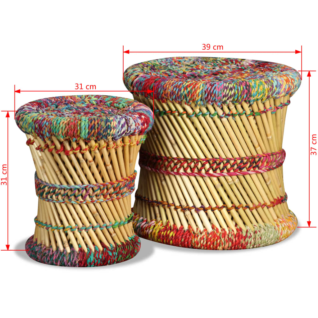 Stools with Chindi Details 2 pcs Multicolour Bamboo