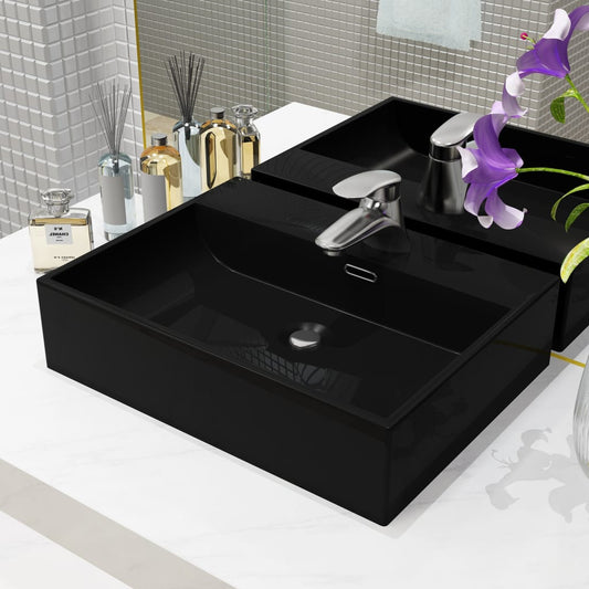 Basin with Faucet Hole Ceramic Black 51.5x38.5x15 cm