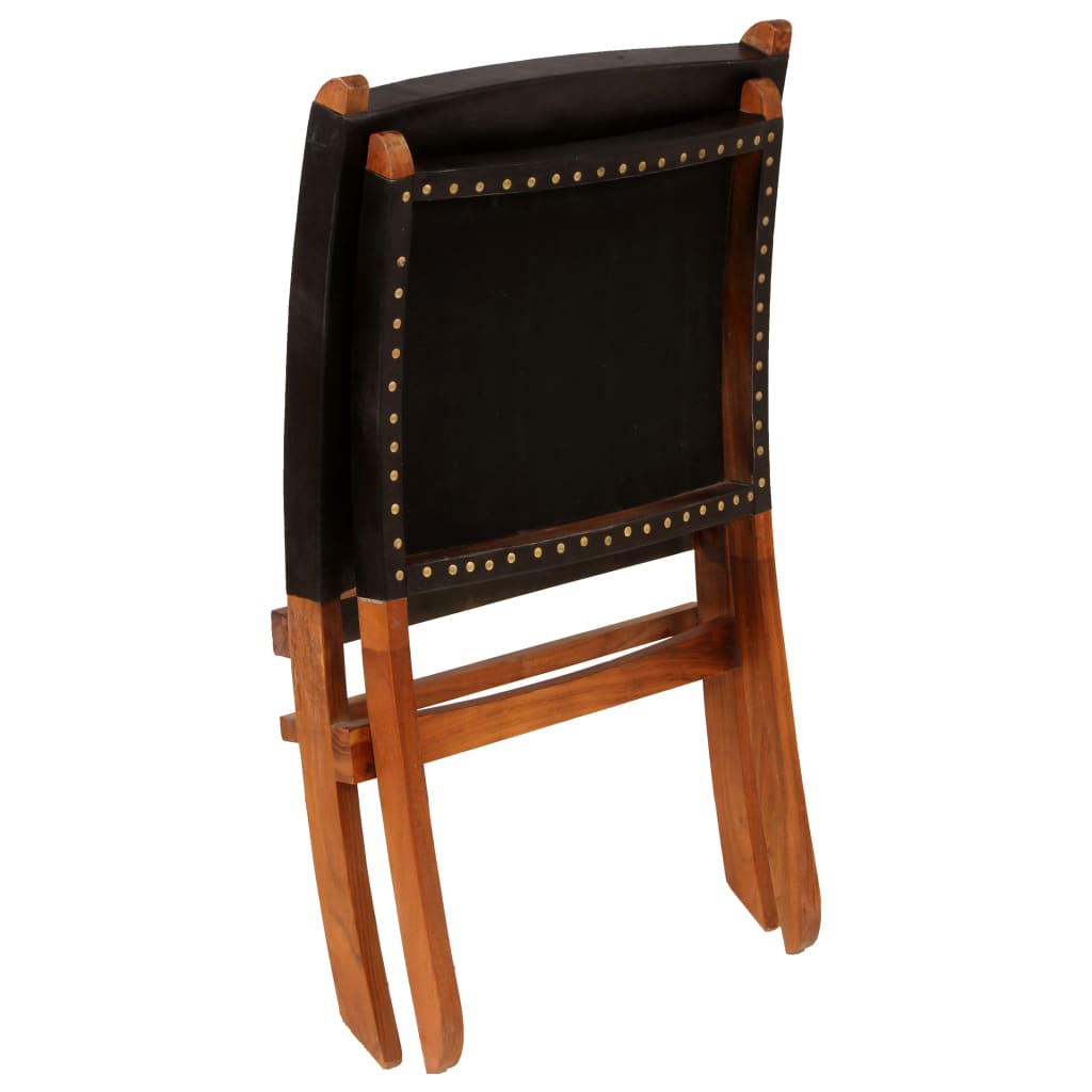 Folding Relaxing Chair Black Real Leather