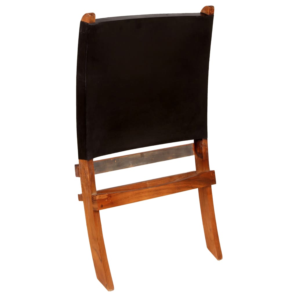 Folding Relaxing Chair Black Real Leather