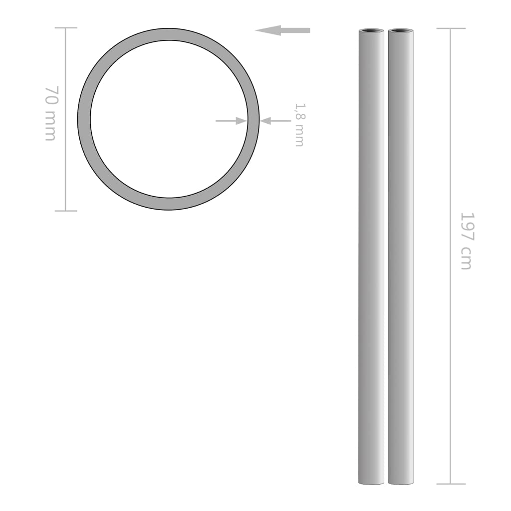 2 pcs Stainless Steel Tubes Round V2A 2m 70x1.8mm