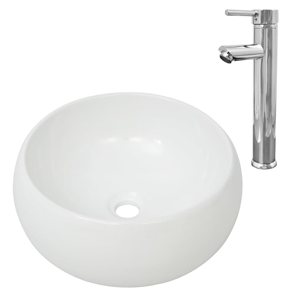 Bathroom Basin with Mixer Tap Ceramic Round White