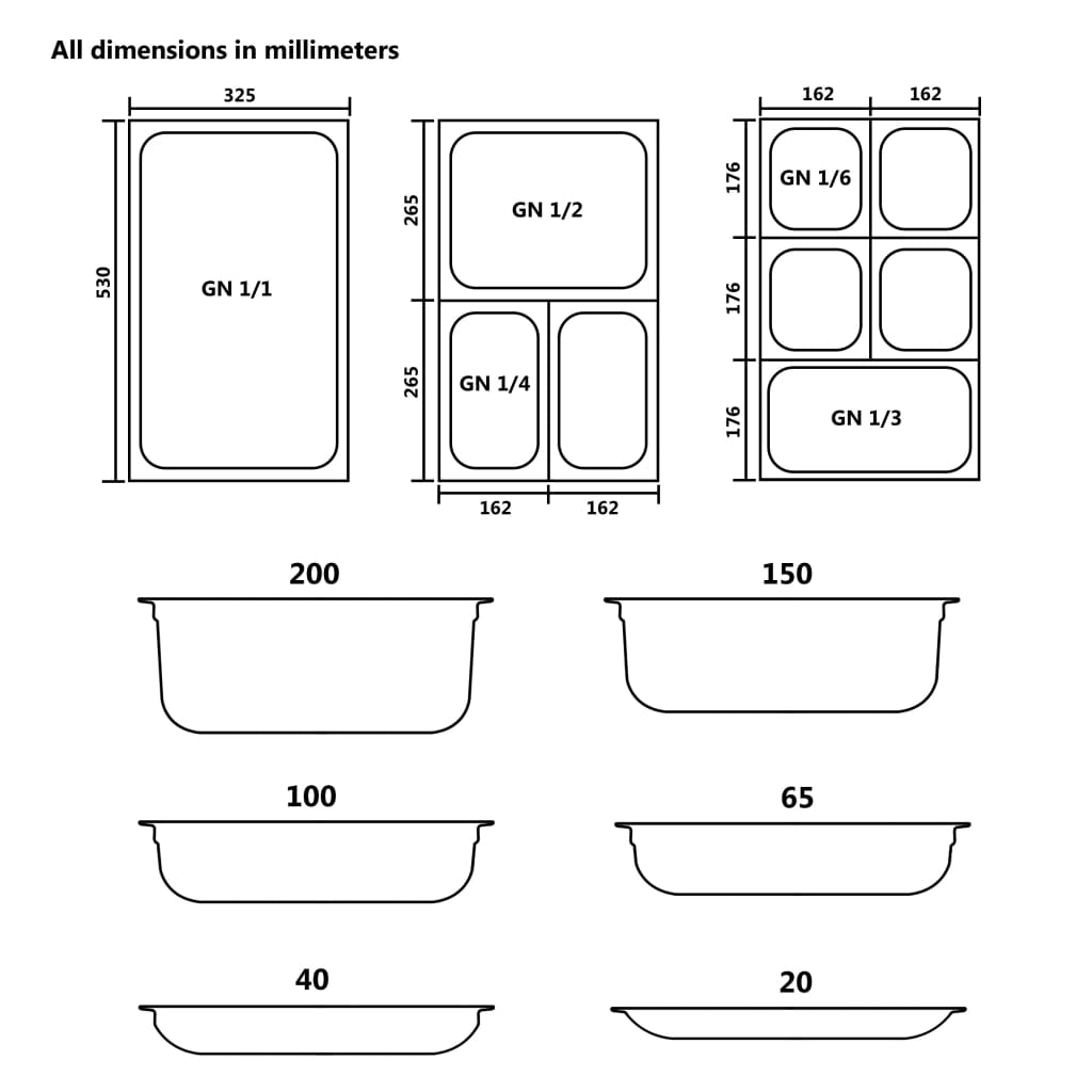 Gastronorm Containers 4 pcs GN 1/1 65 mm Stainless Steel