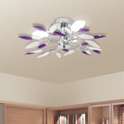 Ceiling Lamp White & Purple Acrylic Crystal Leaf Arms 3 E14 Bulbs