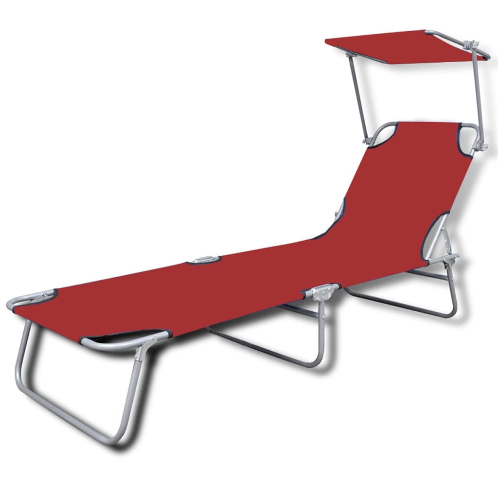 Folding Sun Lounger with Canopy Steel and Fabric Red