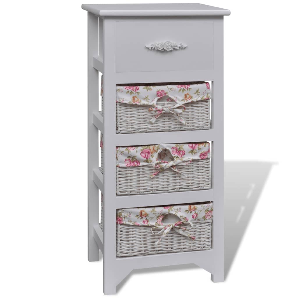 Cabinet with 1 Drawer and 3 Baskets White Paulownia Wood