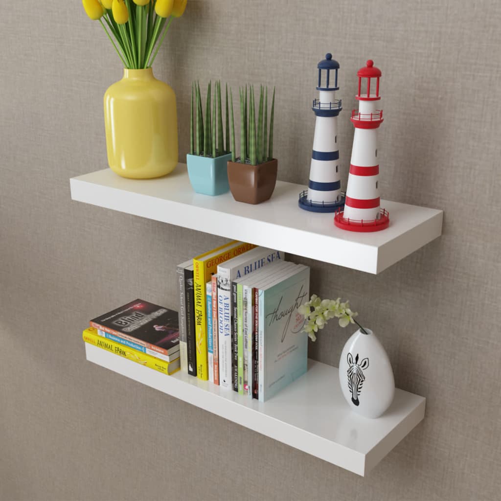 Floating Wall Display Shelves Book/DVD Storage White MDF 2 pcs