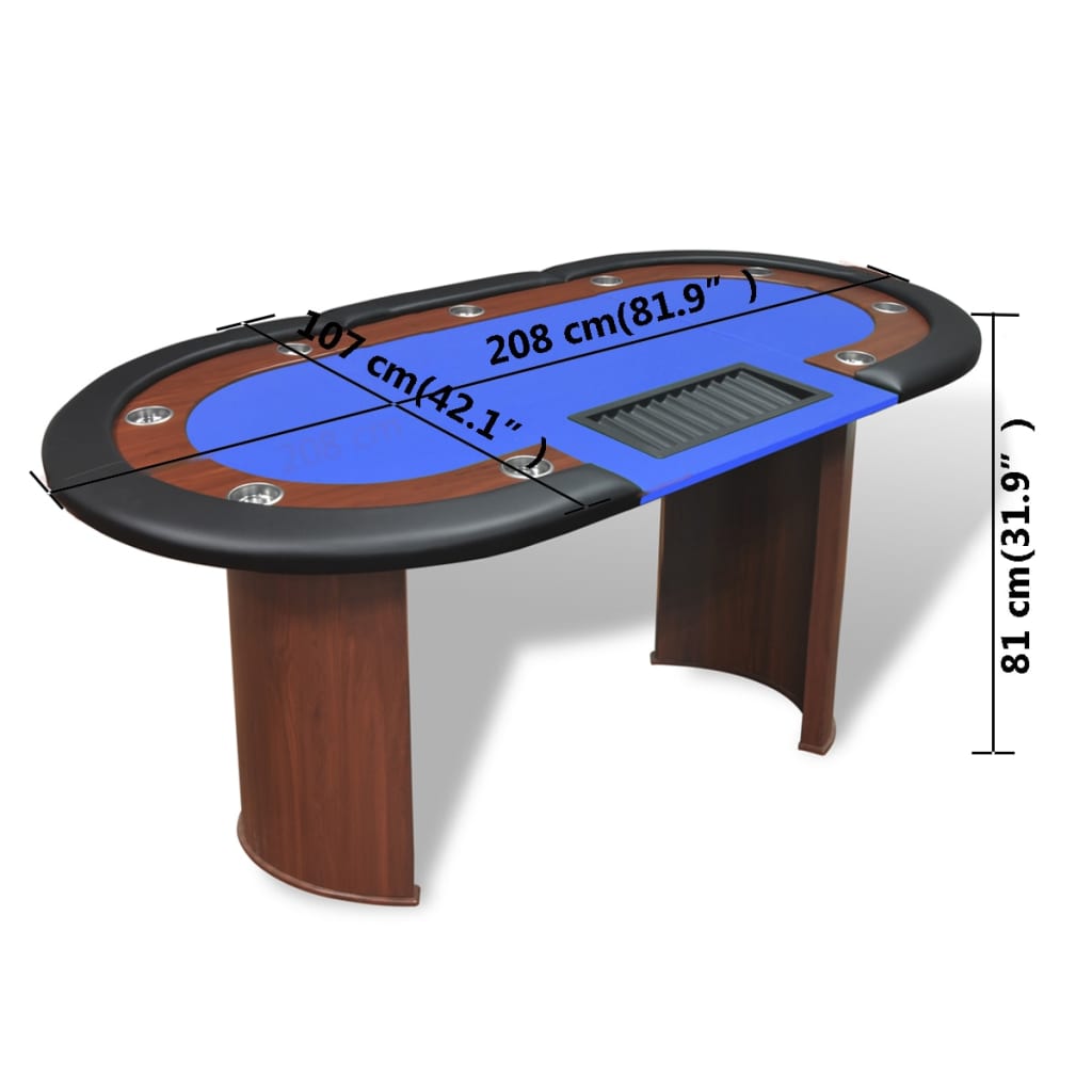 10-Player Poker Table with Dealer Area and Chip Tray Blue