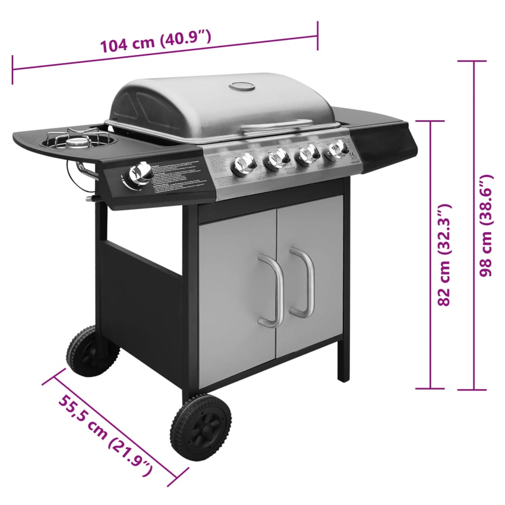 Gas Barbecue Grill 4+1 Cooking Zone Black and Silver