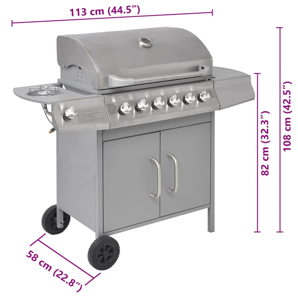 Gas Barbecue Grill 6+1 Cooking Zone Silver