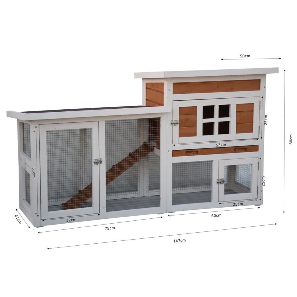 @Pet Rabbit Hutch Villa White and Brown 147x50x80 cm