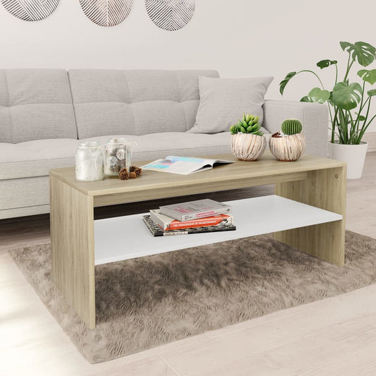 Coffee Table White and Sonoma Oak 100x40x40 cm Engineered Wood